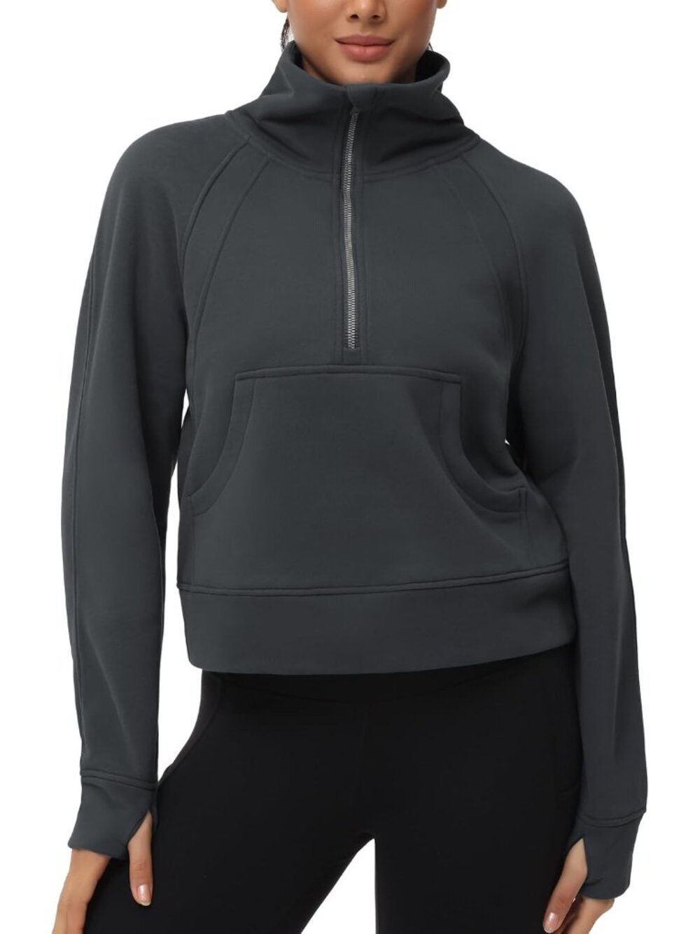 Women's Dark Grey Fleece Lined Stand Collar Half Zip Thumb Holes Crop Sweatshirt